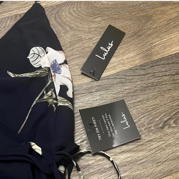 NEW Lulu's All Mine Navy Blue Floral Print High-Low Wrap Dress Size Small NWT - Picture 9 of 9